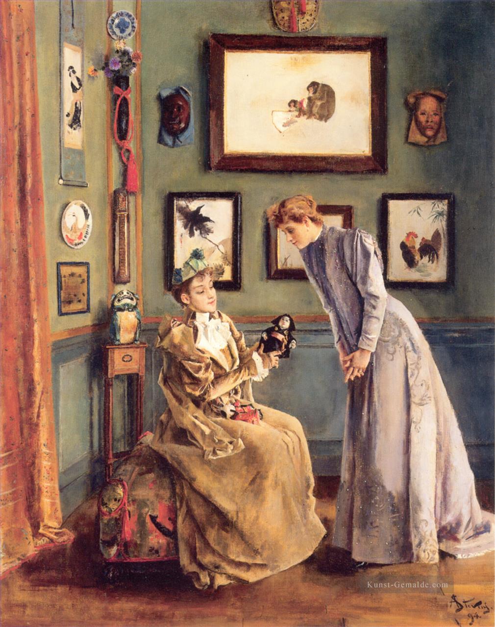 A Femme a la poupee japonaise Dame belgische Maler Alfred Stevens Ölgemälde